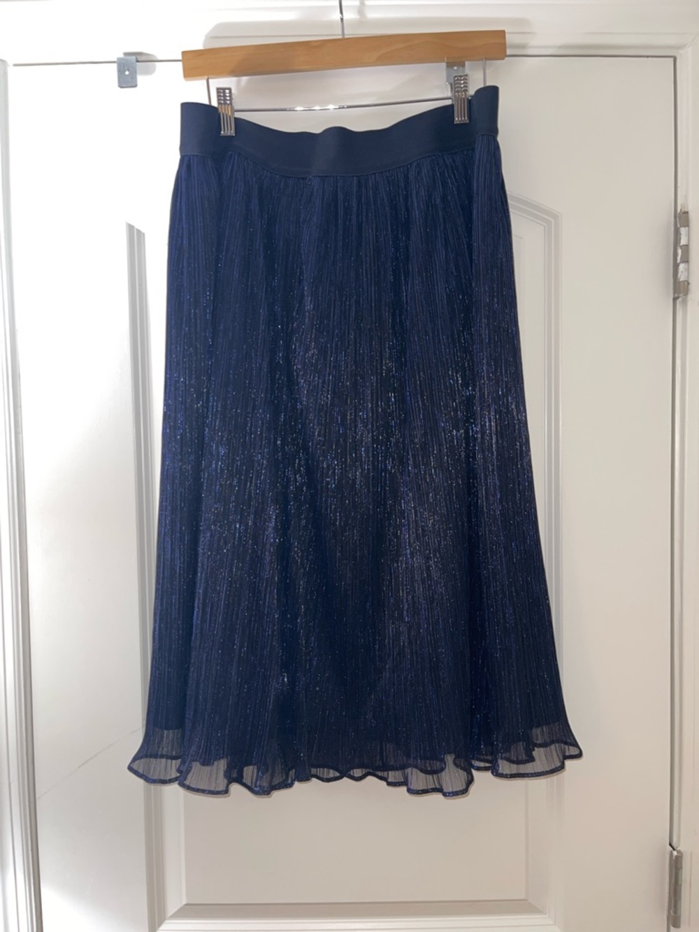 Navy Metallic Pleated Midi Skirt - Women's